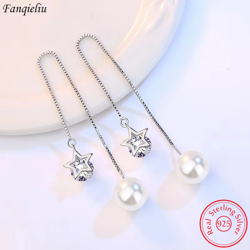 

Pure 925 Sterling Silver New Jewelry Luxury Long Chain Zircon Star Pearl Drop Earrings For Women Trendy FQL22154