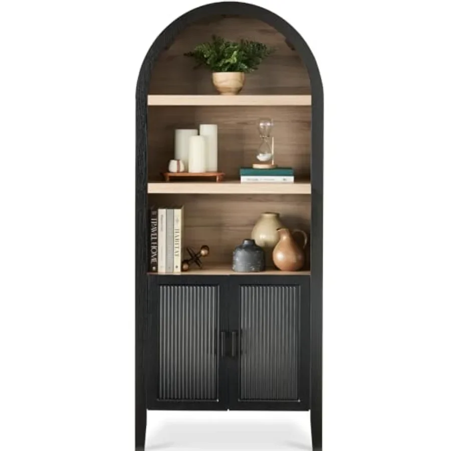 72 Inch Tall Arched Pantry Cabinet with Reeded Doors, 5-Tier Adjustable Shelf Bookcase and Storage Armoire in Black Oak Finish