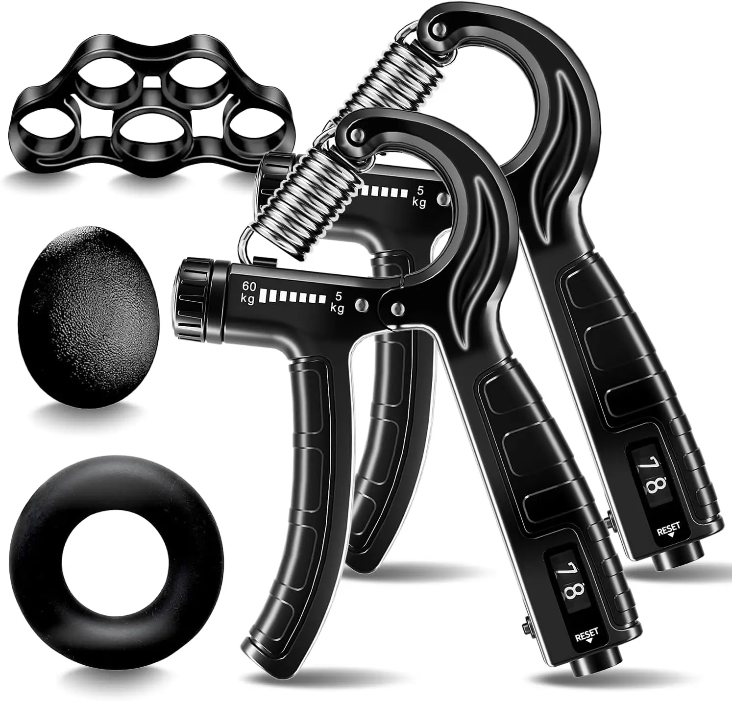 Verstellbares Handtrainer-Set mit Zähler, Fingerdehner, Stressabbau-Ball & Ring für Unterarmkraft - 11-132 lbs