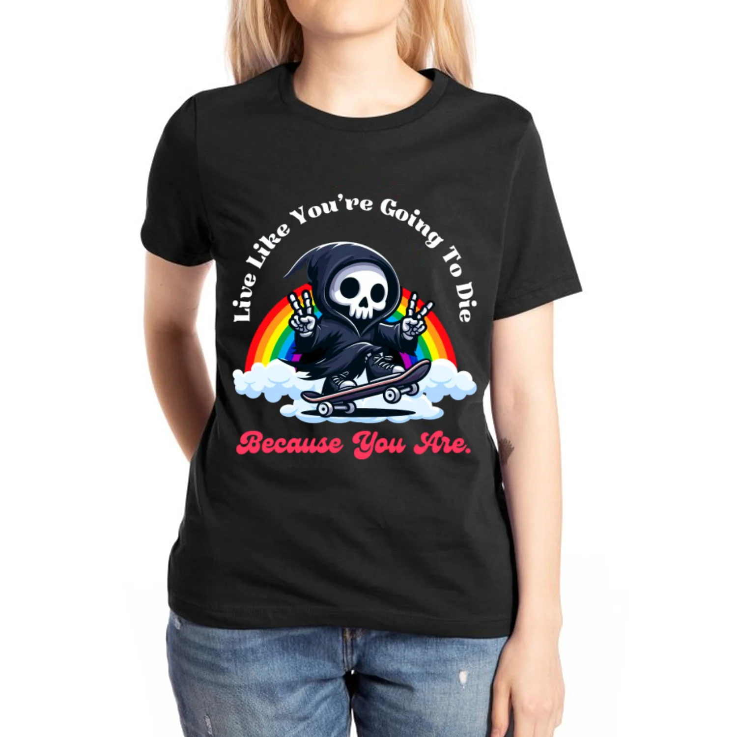 

Rainbow Skull Print Women's T-Shirt 100% Cotton Loose Crew Neck Short Sleeve Street Hip Hop Funny Top Student Affordable Tees