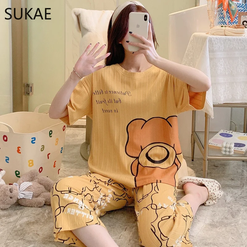 Sukae Frauen Plus Size Pyjamas Set M-3XL Capris Homewear Mode Lady Nachtwäsche Waden lange Lady Homes uit Kurzarm Pijama