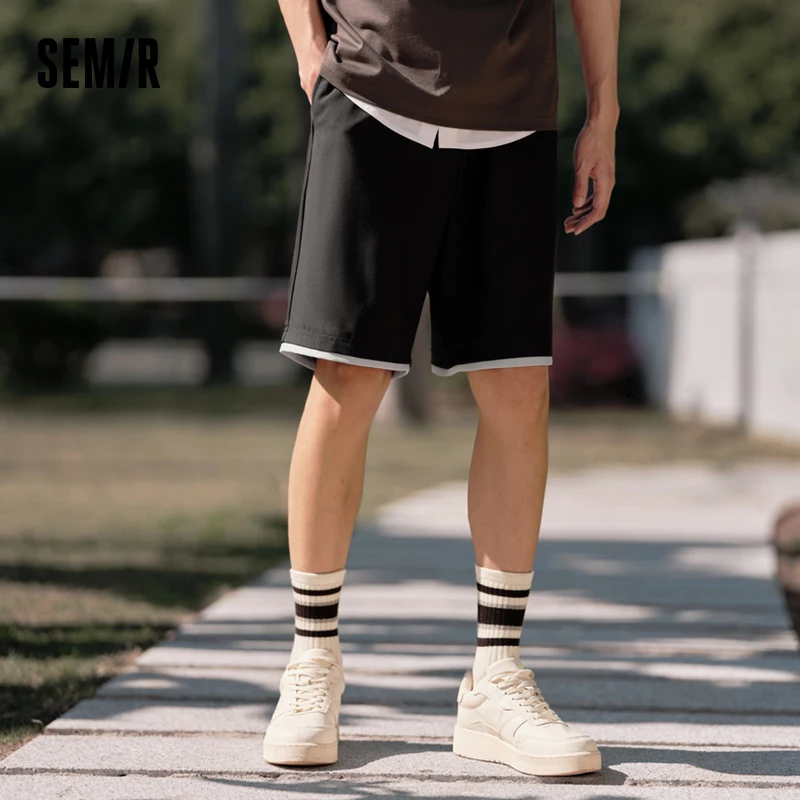 Shorts masculinos recortados de perna reta semi-soltos, calças artificiais casuais, blocos de cores, nova moda, duas peças, verão, 2024