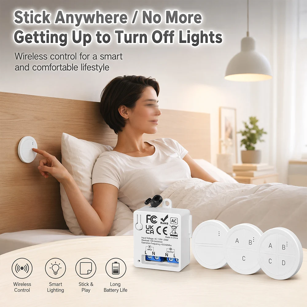 AC110V 220V 10A RF 433MHz Wireless Light Switch Remote Control Relay Receiver Mini Round Button Wall Switch For LED Lamp