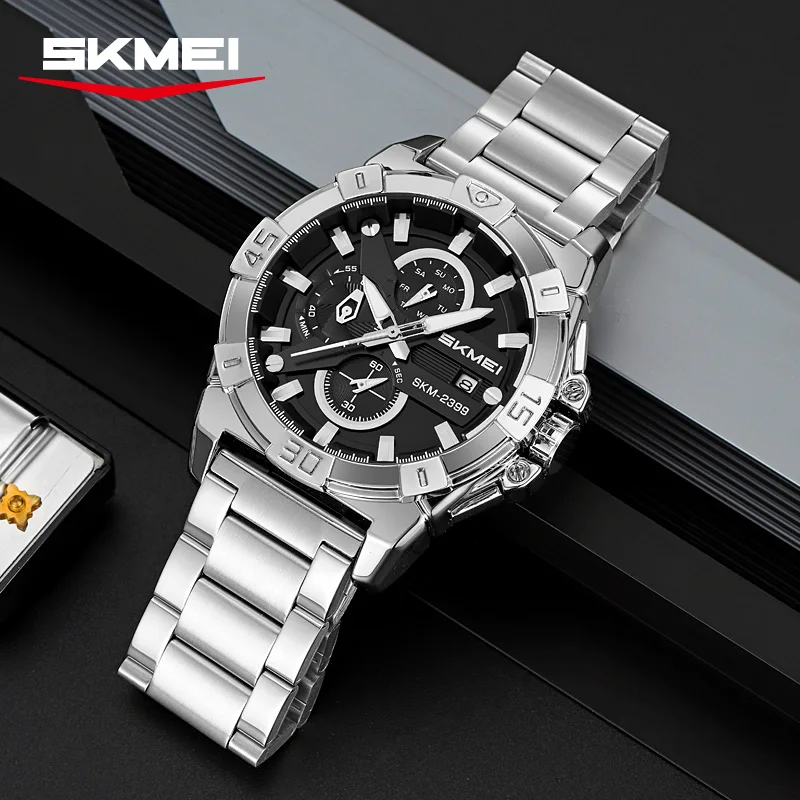 

SKMEI деловые классические часы из нержавеющей стали, модные кварцевые часы с датой недели для мужчин, водонепроницаемые кварцевые наручные часы с секундомером