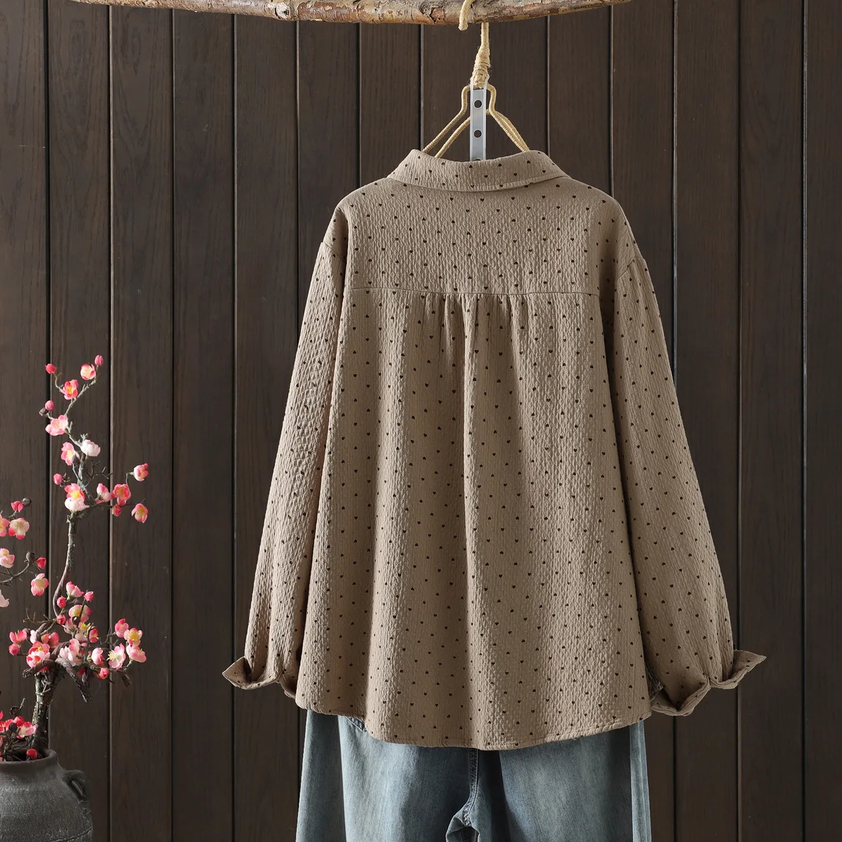 جديد 2025 الخريف قميص قطني بكم طويل ، المرأة بدوره إلى أسفل طوق طباعة ، موري فتاة موضة عادية رشاقته بلوزة فضفاضة T59651CC #5