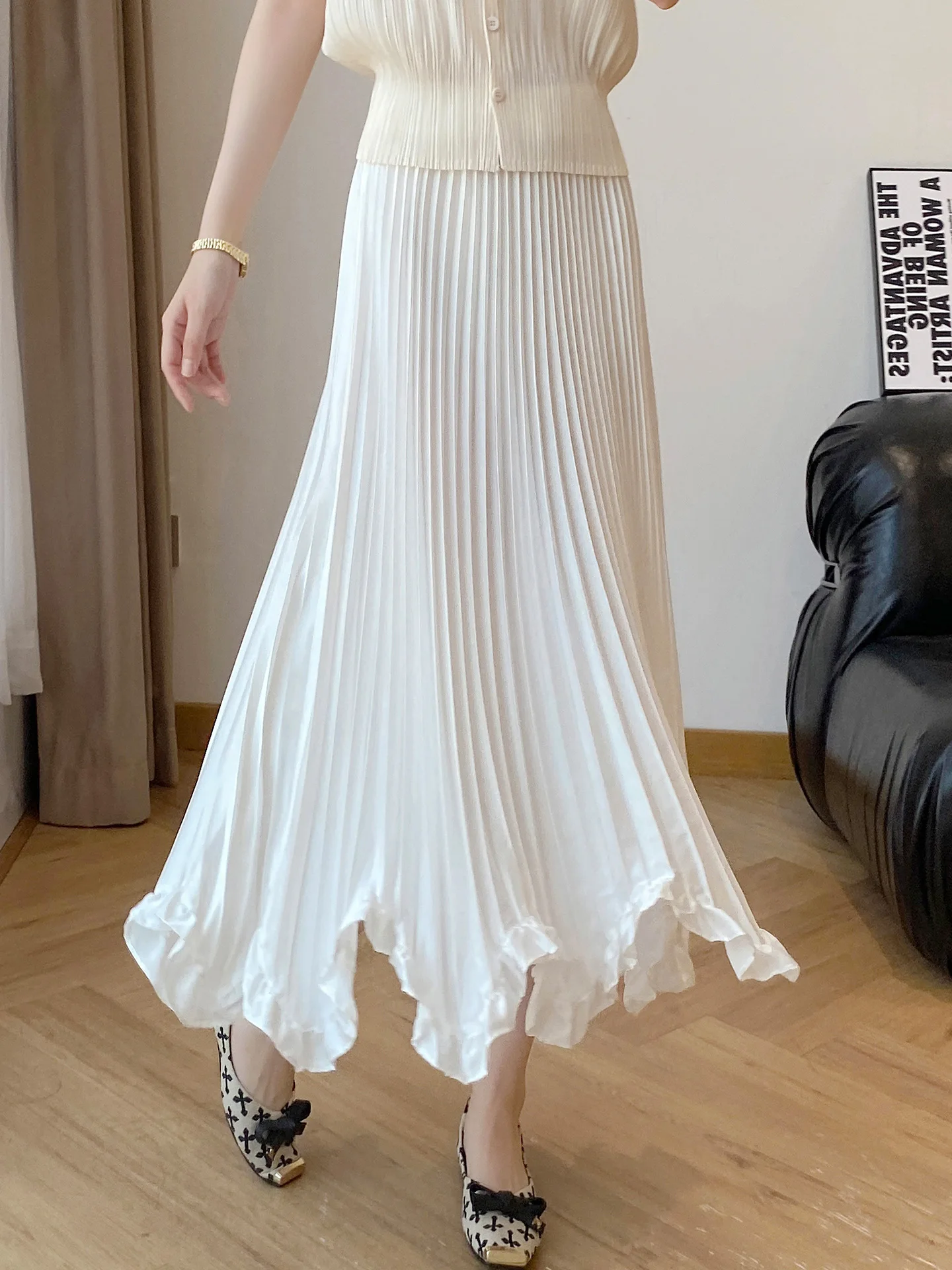 Three-pleat Half-length Skirt Autumn New Style A-line Gauze Hem High Waist Slimming Aesthetic Polyester Fiber Casual Skirt