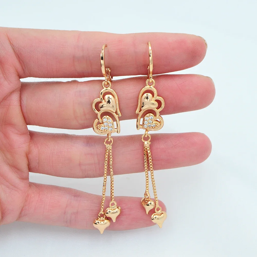 Gold Color Women Fashion Clear CZ Love Hearts Tassel Dangle Earrings Jewelry