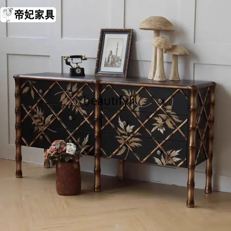 French Retro Solid Wood Storage TV Cabinet with Painted Drawers and Bamboo Grain Entryway Cabinet