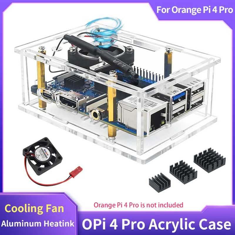 Caja Protectora de Acrílico Transparente para Orange Pi 4 Pro, Carcasa para Orange Pi 4 Pro con Ventilador de Refrigeración y Disipadores de Calor Opcionales