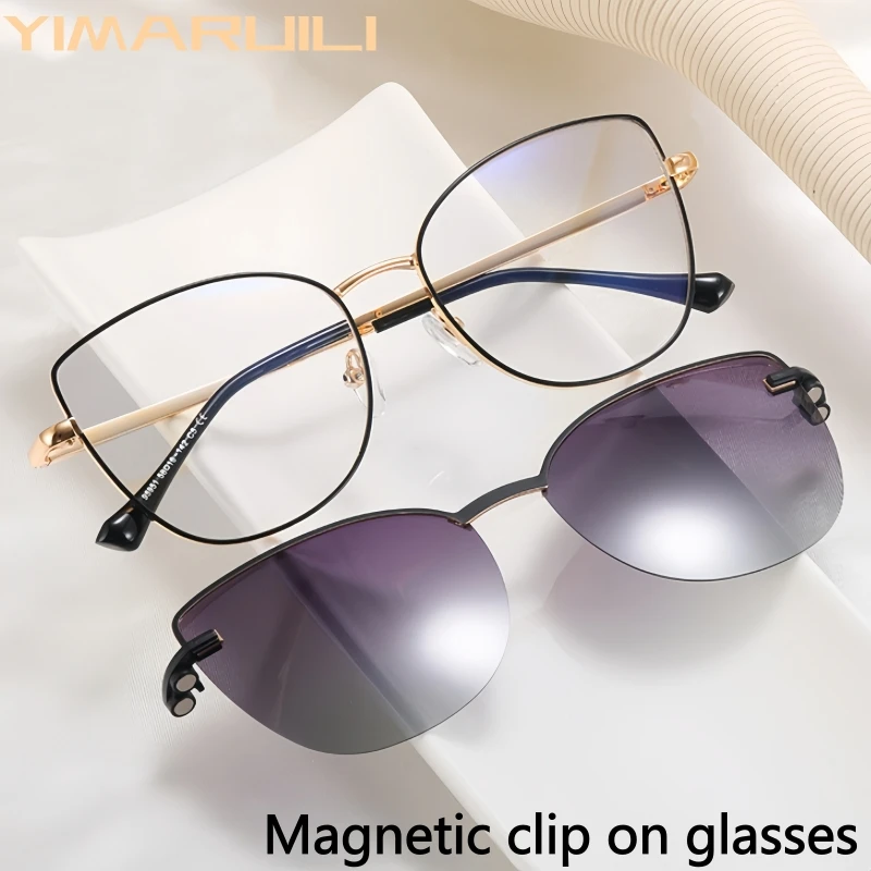 

YIMARUILI Fashion Cat Eye Women's Polarized Magnetic Clip On Glasses Retro Trend UV400 Alloy Optical Eyeglasses Frame 95951