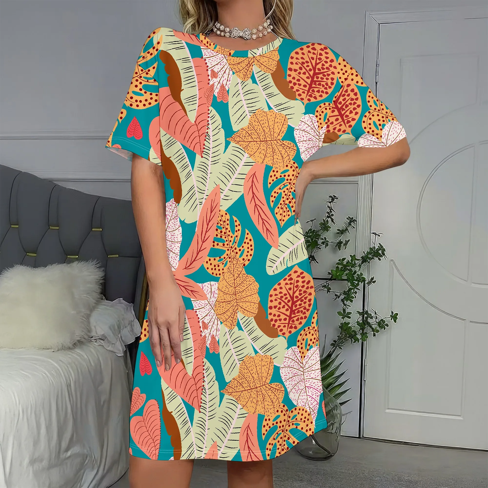 

Tropical Print, Short Sleeve Dress, Vibrant Leaf Pattern, Boho Style, Summer Beachwear, Casual Vacation Wear, S-2XL