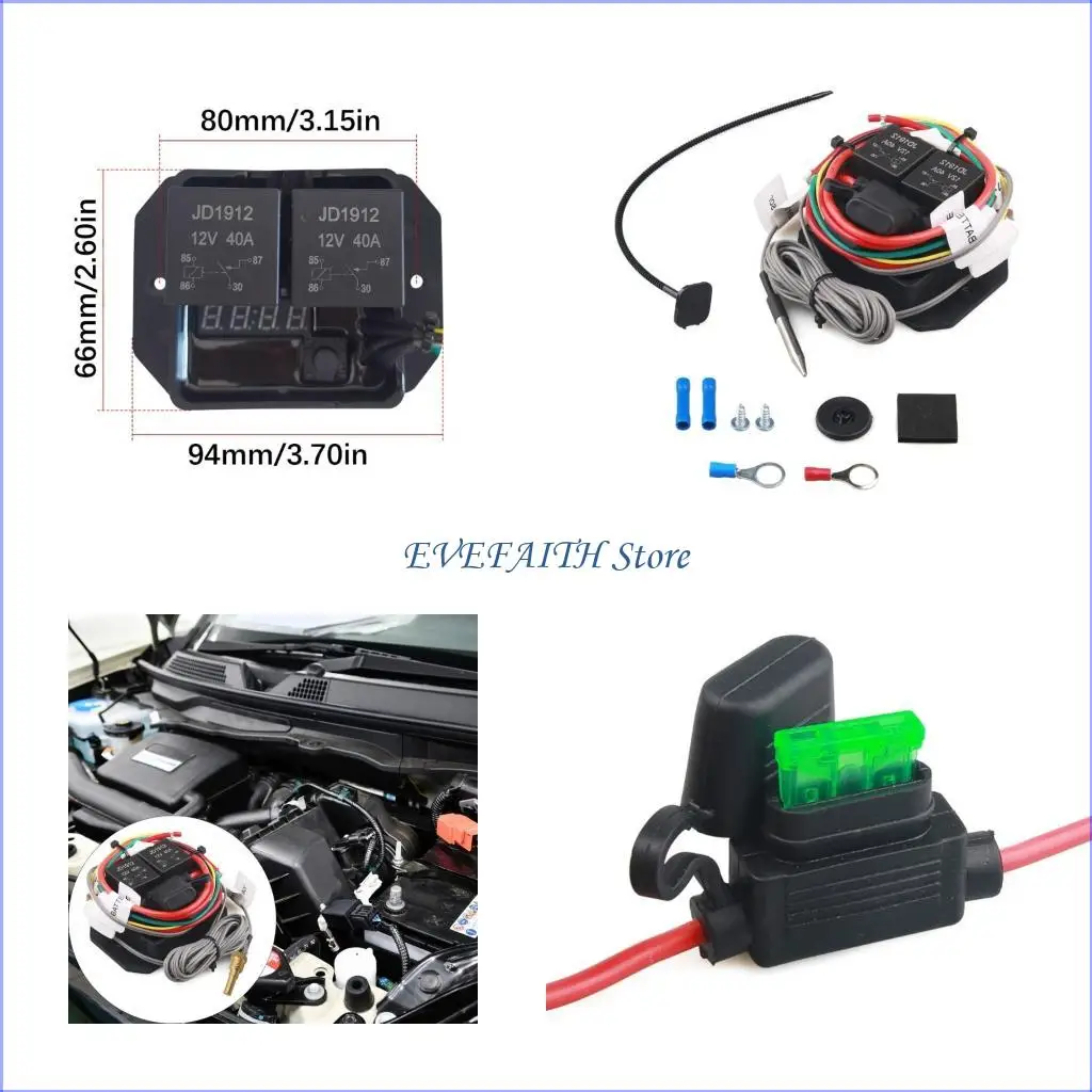 

124B Radiator Fan Controller Switches 12V 40A Adjustable Temperature 104-230°F, LED Display,Double Fan Relays