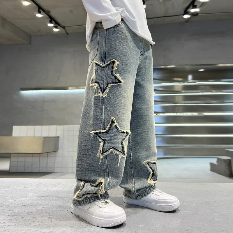 Kids Pants Spring and Autumn five-pointed star splicing raw edge Jeans Boys wide-leg Pants Washed Denim Youth Pants 5-14 Years