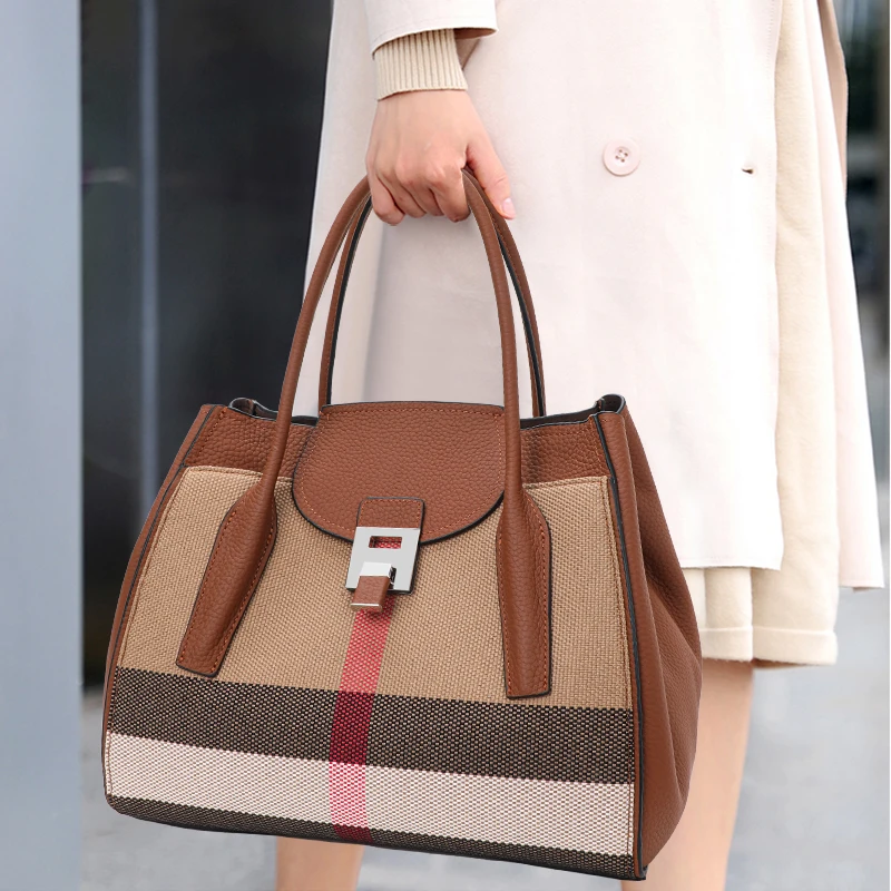 Aidrani Ladies Plaid Canvas Cowhide Patchwork Tote Bag, Lock Flap Purse with Coin Pouch, Adjustable Strap for Travel Daily Use