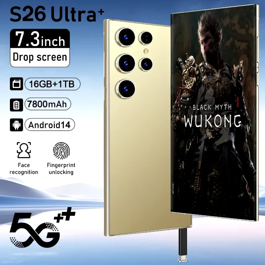 Nuevo teléfono inteligente S26 Ultra reconocimiento facial 7,3 pulgadas HD 5G Snapdragon8Gen3 16GB + 1TB Android14 8000mAh 108MP