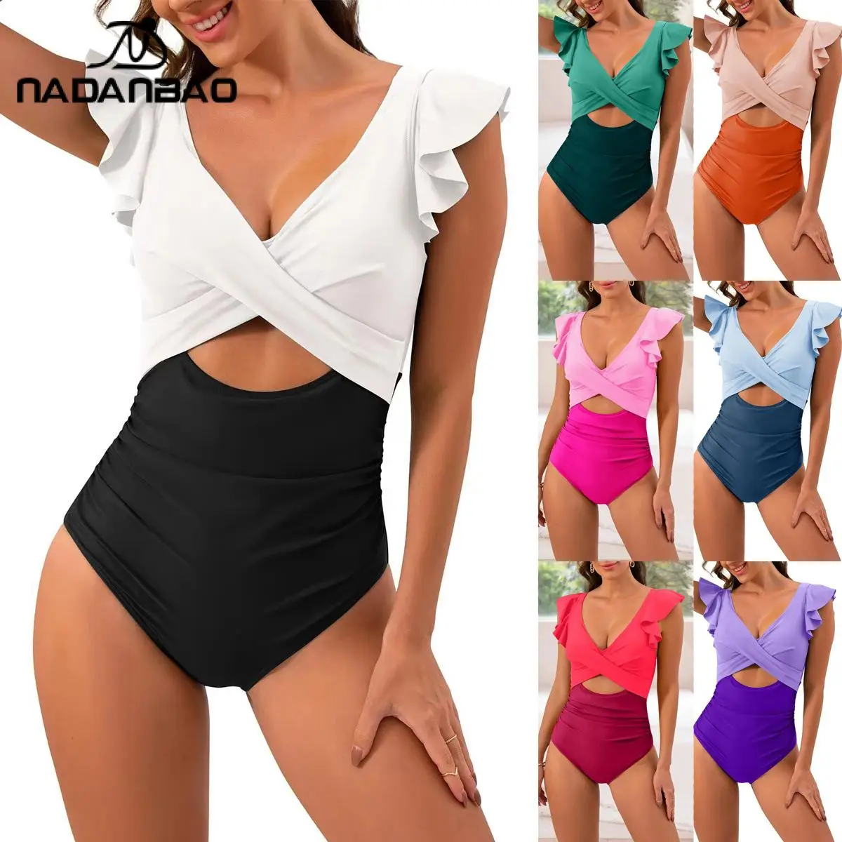 Nadanbao Sexy Hollow Out One-Piece Swimsuit Women Color Match Flying Sleeve Fashion Swimwear Female Beach Party Surfing Wetsuit