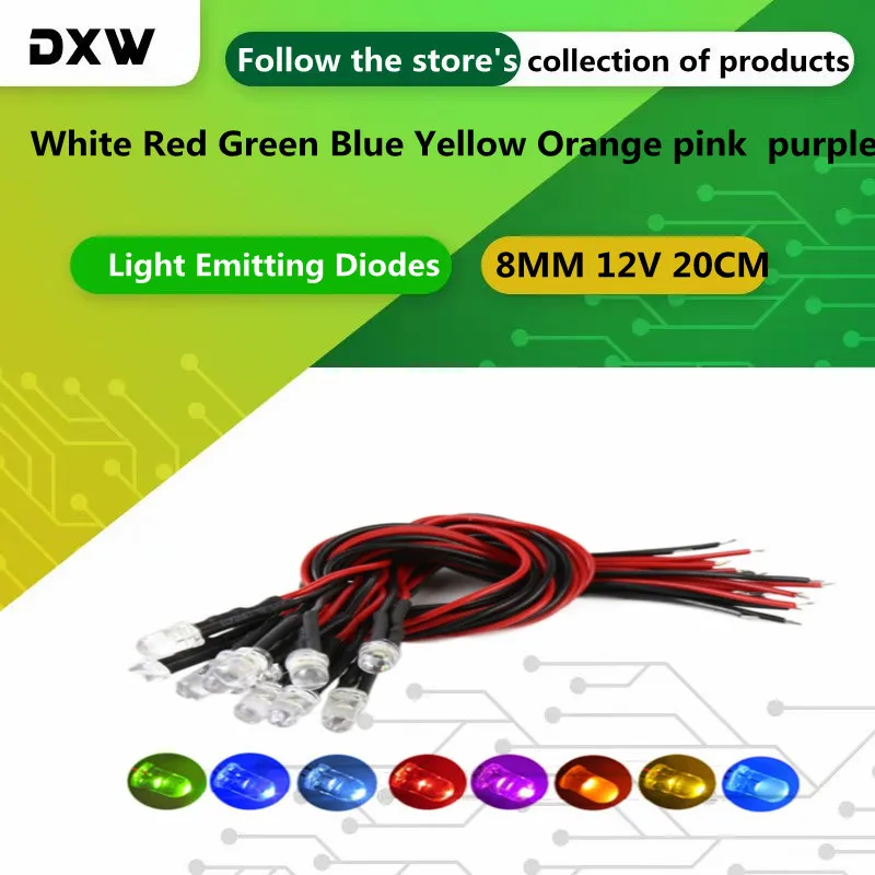 5PCS LED 8MM 12V 20cm Prewired White Red Green Blue Yellow Orange Diode Lamp Decoration Light Emitting Diodes UV RGB Diode