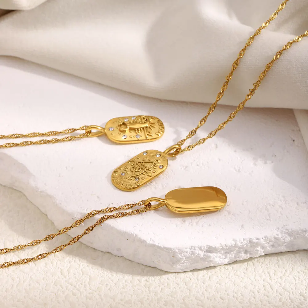 MamacitaSlay 316L Stainless Steel Zircon 12 Constellation Tarot Card Necklace 18K Gold Plated Waterproof Jewelry Women\'s Gifts