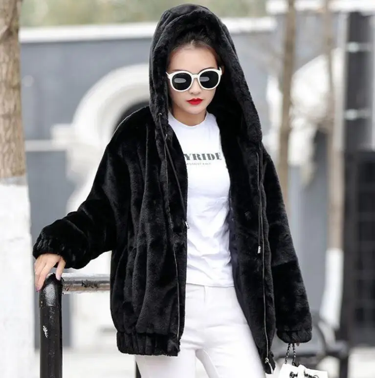 Oversize Womens Hooded Parkas Outerwear Winter Fur Jacket Female Faux Rabbit Fur Thicken Short Fur Coat Thick Furry Warm Jackets