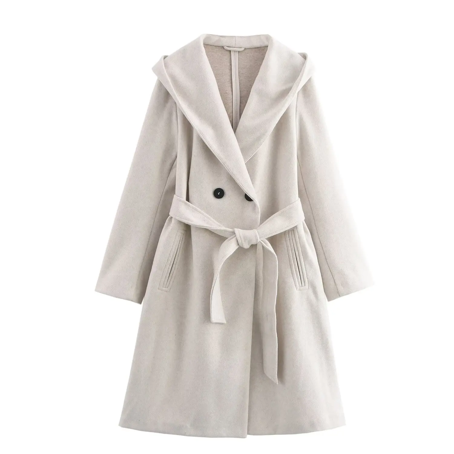 Women\'s Bathrobe-Style Long Hooded Coat Double Breasted Diagonal Pocket with Belt Commuter Casual Loose Coat New