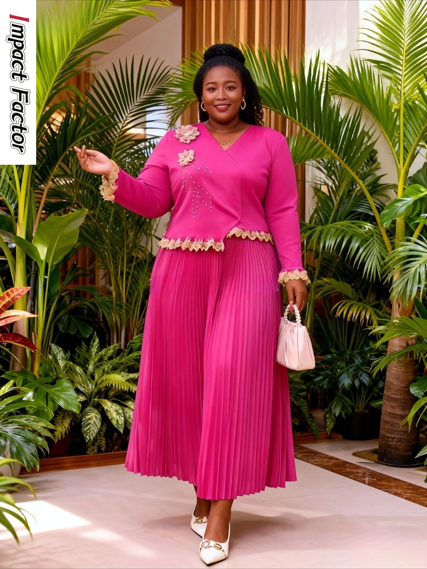 

2025 Miyake Pleated Dress Fashionable Splicing Lace Design Beaded Loose Women's Long Dress