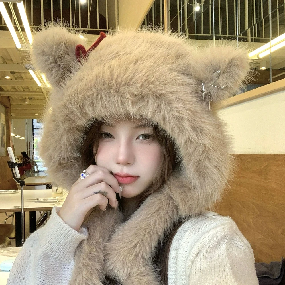 

2024 New Simple And Convenient Women Winter Scarf 2 Pieces Cap Knitted Faux Fur Hat Neck Scarves Set Women's Scarf-collar Hat