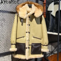 AYUNSUE Mens Natural Fur Jacket Genuine Sheepskin Coat Mid-length Real Fur Coats Man Warm Winter Clothes Raccoon Dog Fur Collar
