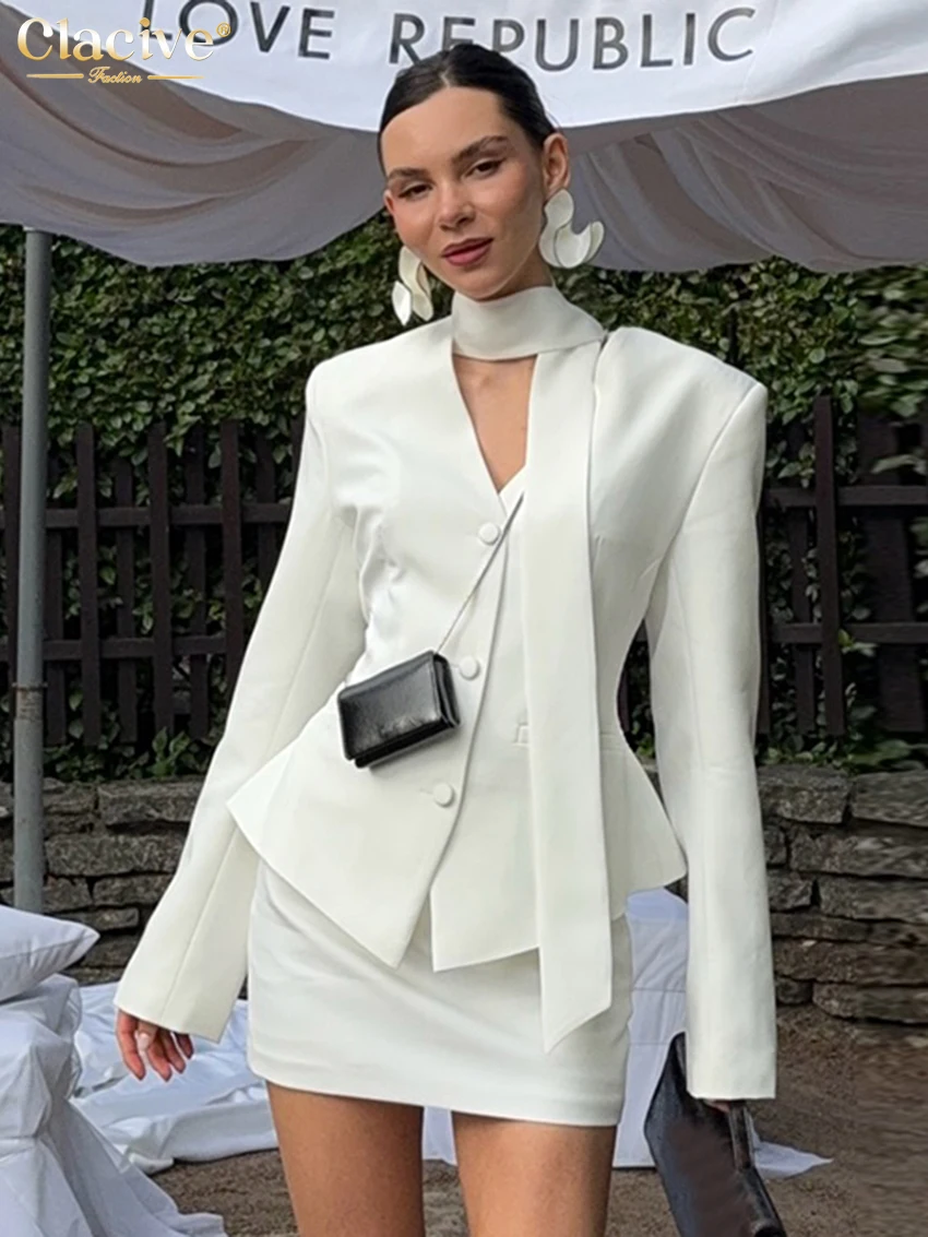 

Clacive Fashion Slim White Office Two Piece Outfits Woman 2025 Elegant Long Sleeve Shirt With High Waist Mini Skirt Set Female