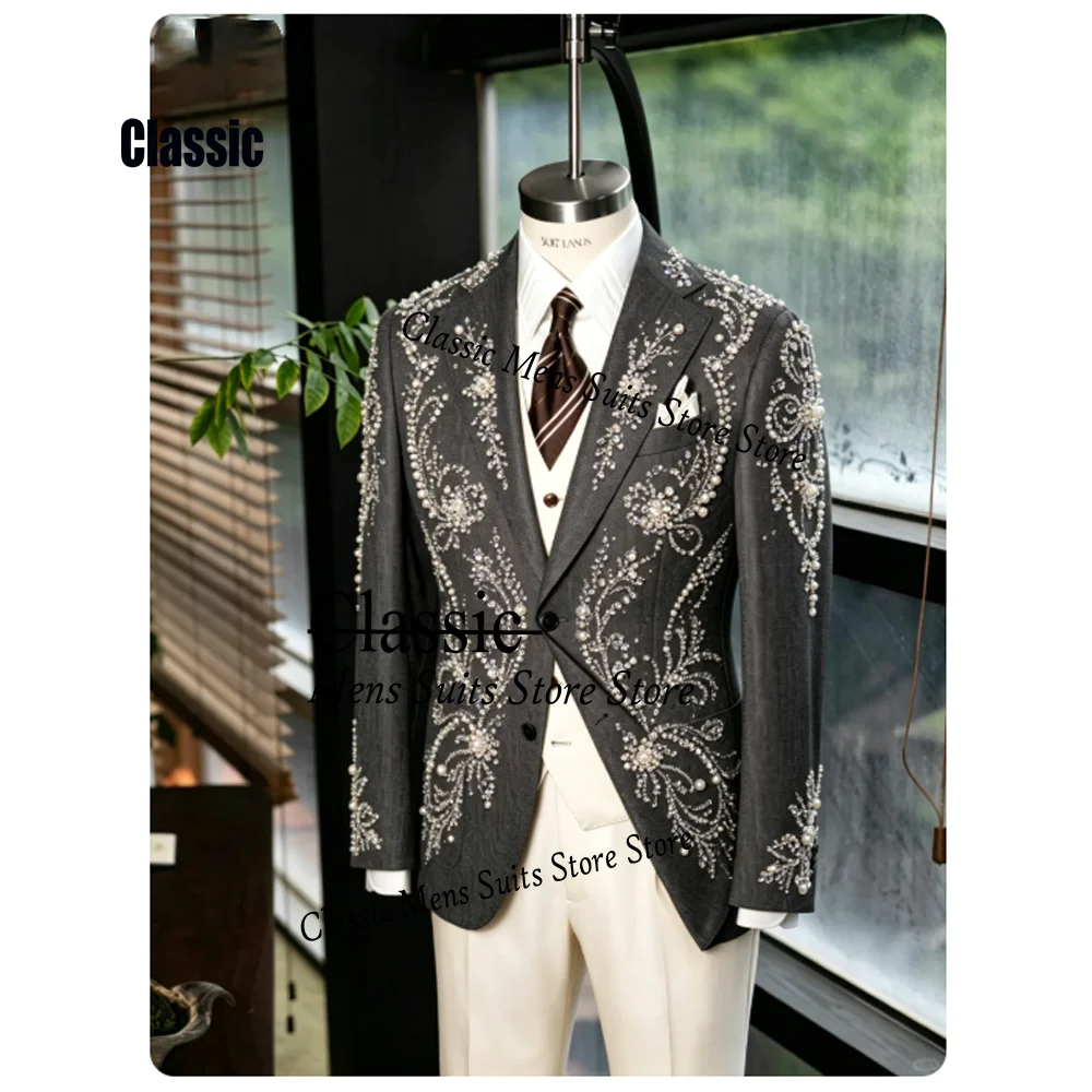 

Customized Exquisite Sequin Men Suit Glitter Crystal Jewelry Wedding Tuxedos Slim Gorgeous hombre 3 Pieces Set Groom Male Blazer