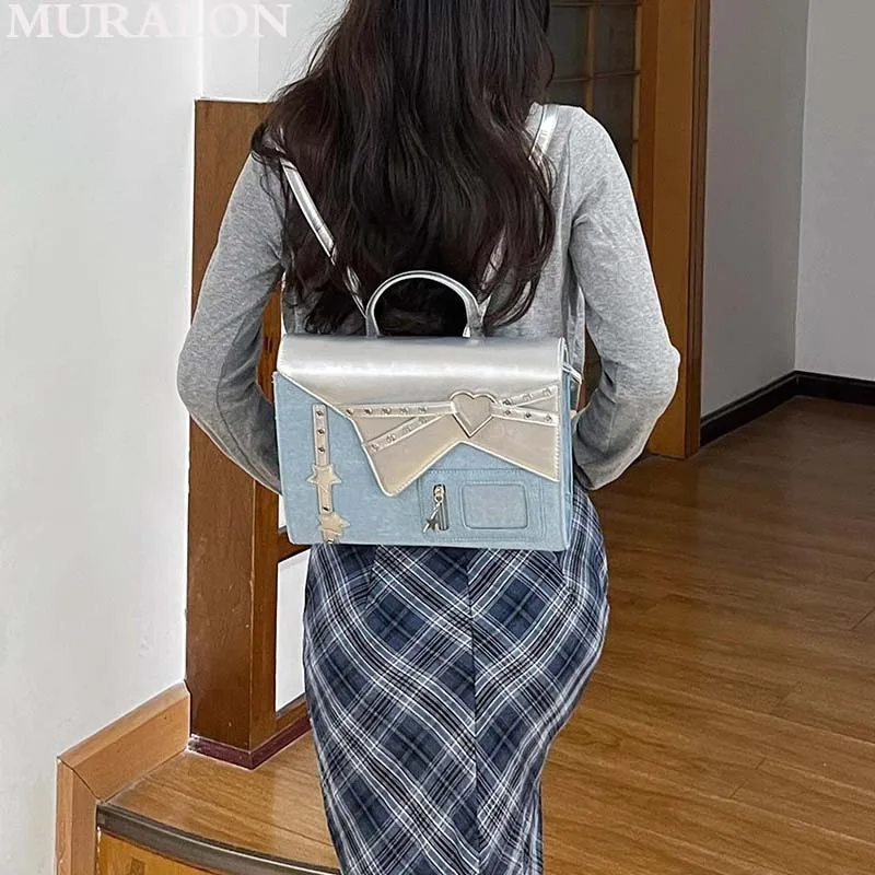 Autumn New Denim Patchwork Silver Glossy Transparent Double Shoulder Bag Fashion Cute Briefcase Backpack