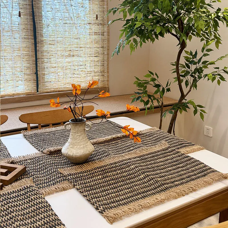 Jute Table Flag Mixed-color Woven Retro Holiday Table Towel, Wedding Rough Rag Fringed Decorative Long Towel, Party Cove