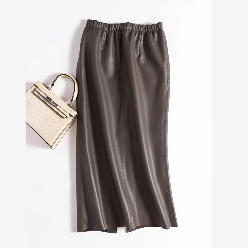 

Fashion New Genuine Leather for Women Sheepskin Elastic Waist Wrap Long Faldas Mujer Mid Length After Slit Ankle-Length