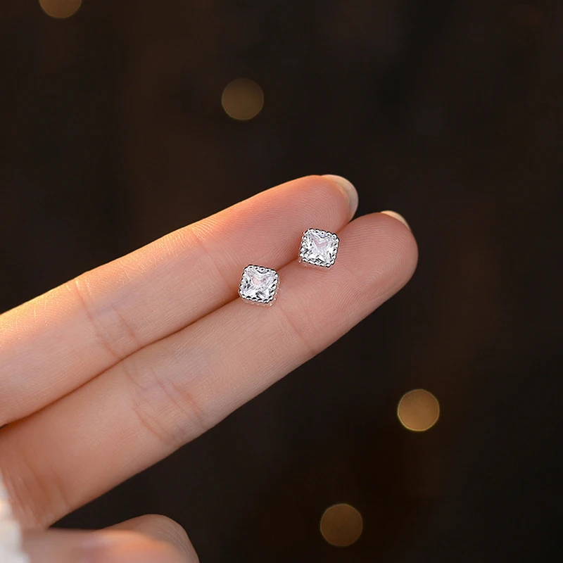 INZATT Trendy Real 999 Sterling Silver Zircon Square Piercing Screw Ball Bead Stud Earrings for Women Classic Fine Jewelry - Image 3