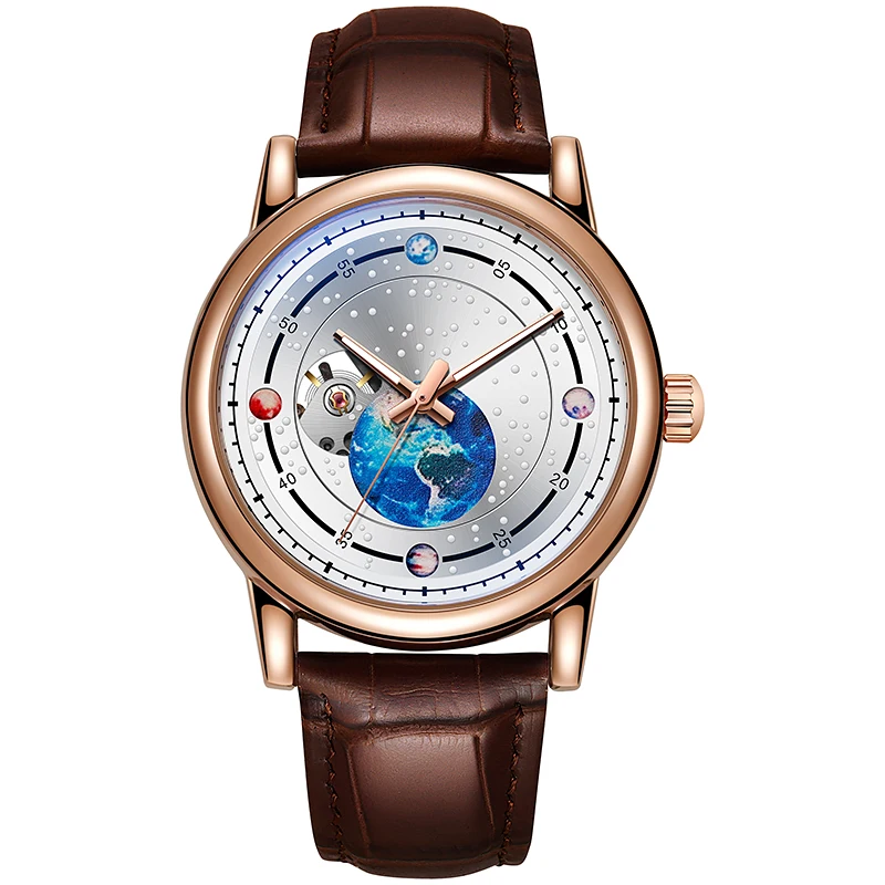 

Dulunwe мужские механические часы с синим планетым циферблатом, автоматические повседневные водонепроницаемые кожаные ремешки Rejos Hombre