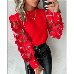 Spring/Summer Women's Commuter Long Sleeved Shirt Round Neck Solid Color Fashion Petal Sleeve Shirt Elegant Women's Shirt