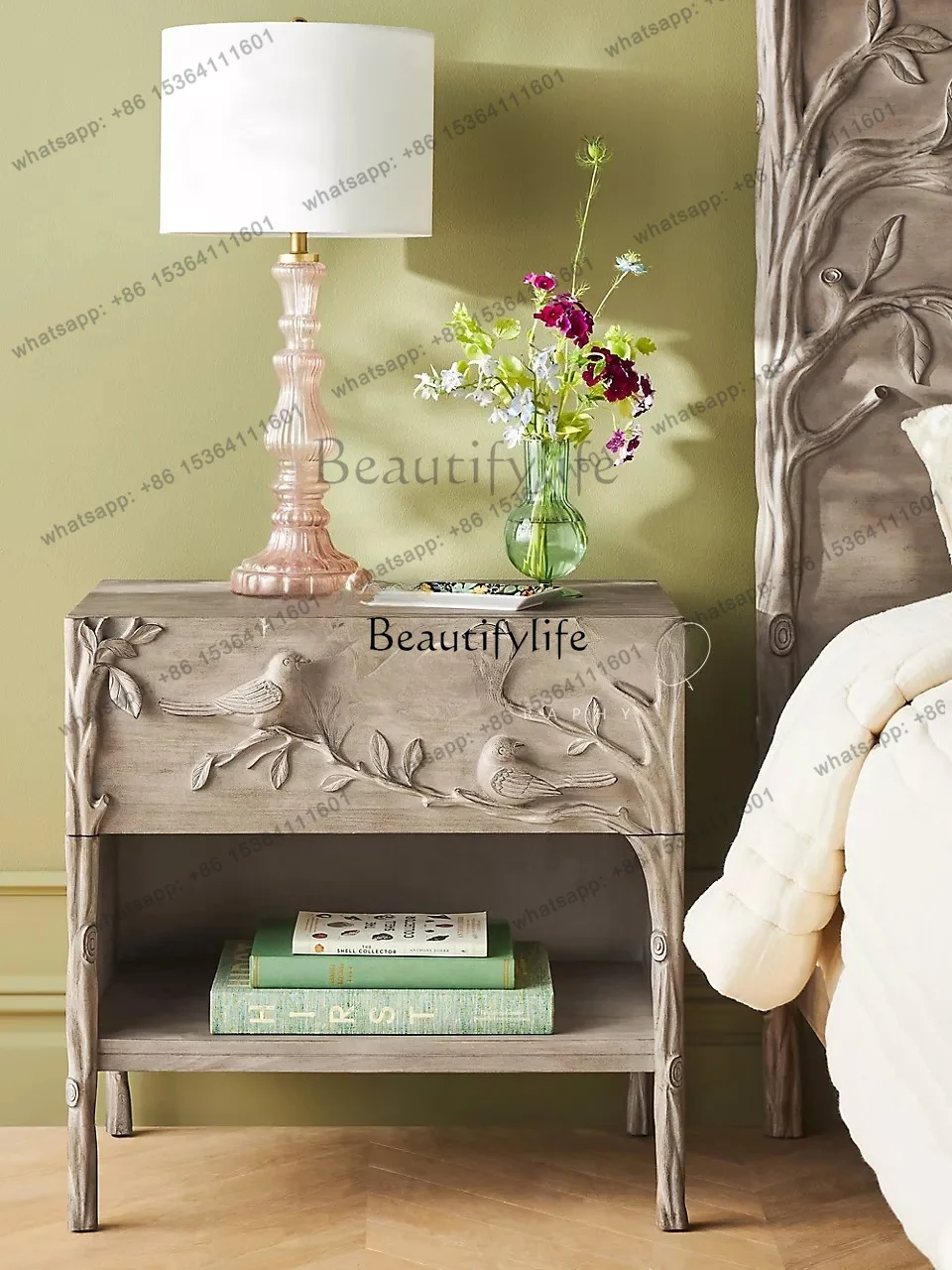 Retro Animal Handmade Solid Wood Carved American Country Style Bedroom Nightstand High-end FurnitureFactory Direct