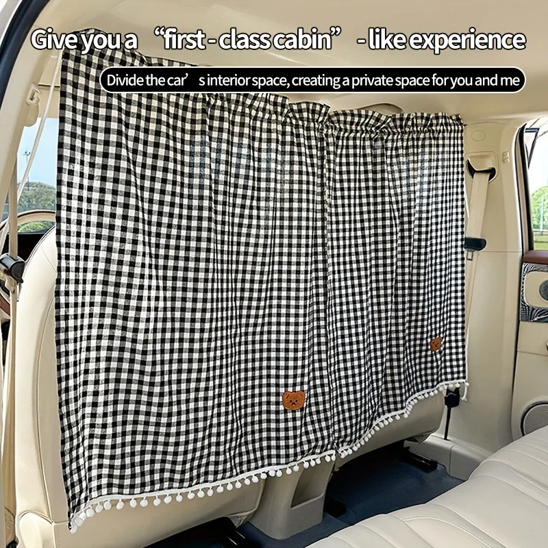 A Set of Car Interior Partition Curtains - Checkered Car Partition Curtains, Sunshade Car Curtains, Cute Bear Design Retractable