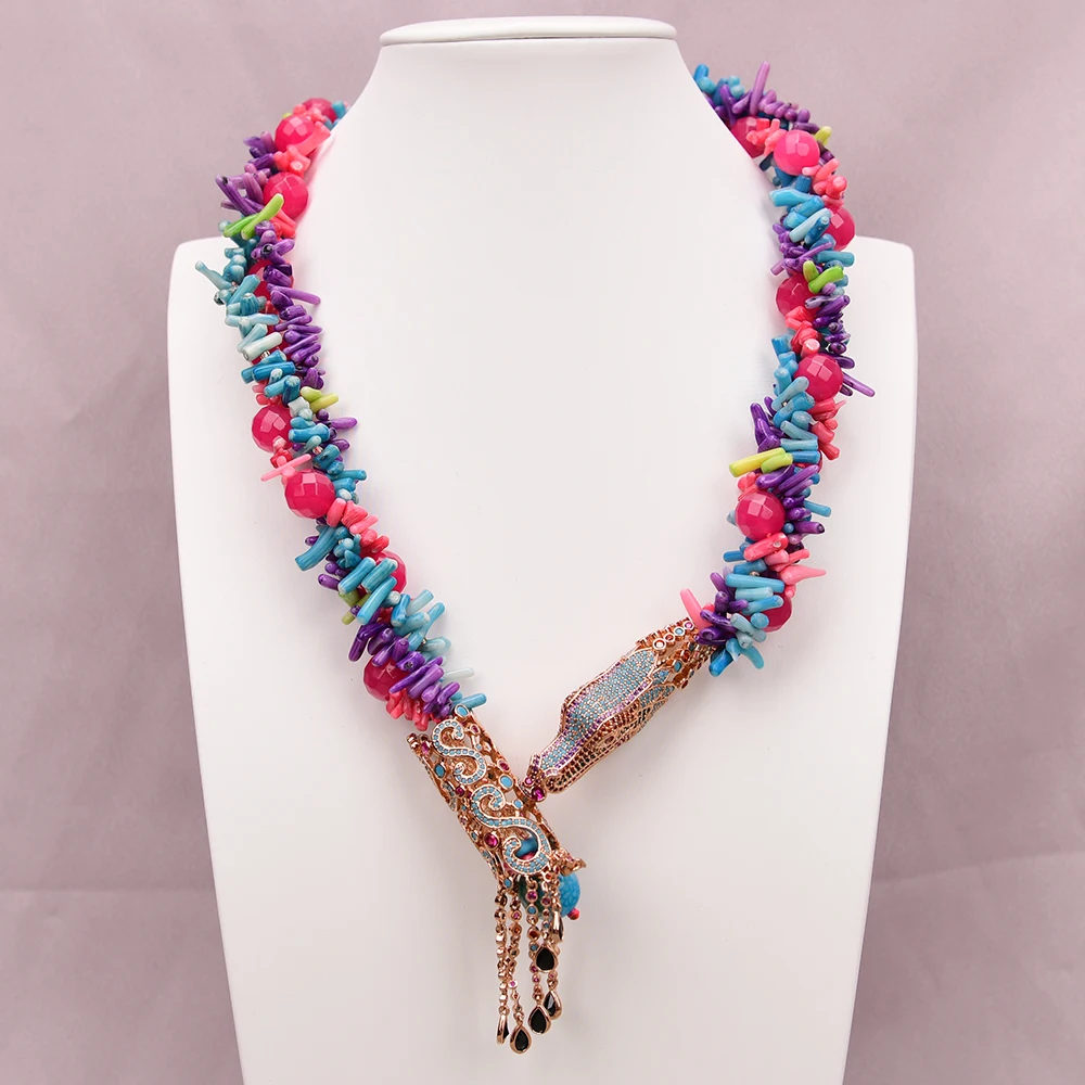 APDGG A110 Handmade 3 Rows Natural Mix Stone Coral Jade Multi Strands Necklace