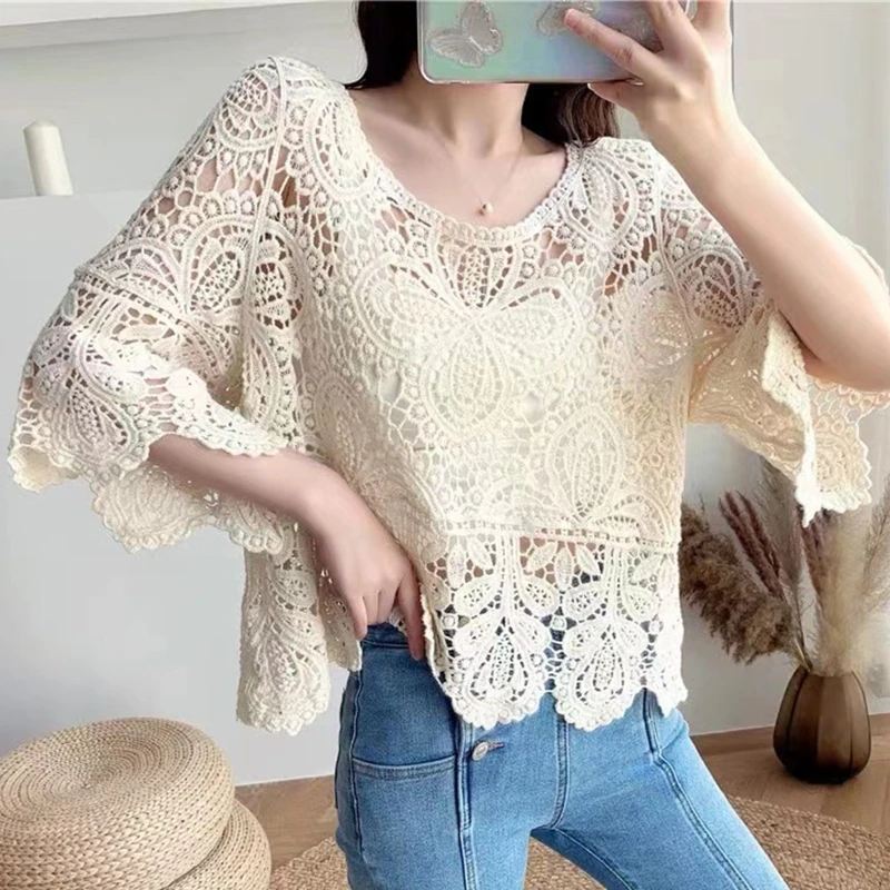 Women Cover Up Hollow Out Crochet Knit Floral T-Shirt Crop Top 3/4 Sleeve Blouse N7YE