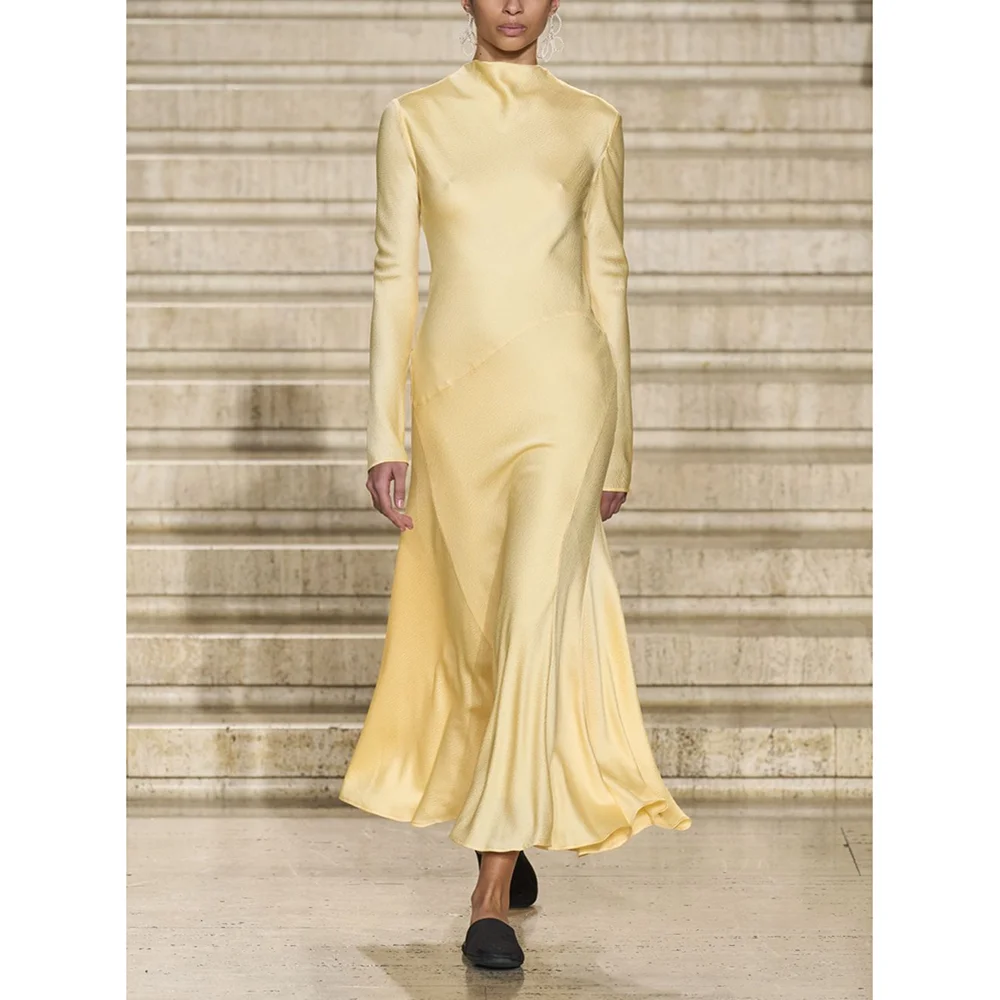 

Simple High Collar Full Sleeves Tea Length Evening Party Dresses Elegant A-Line Draped Dress For Formal Occasions