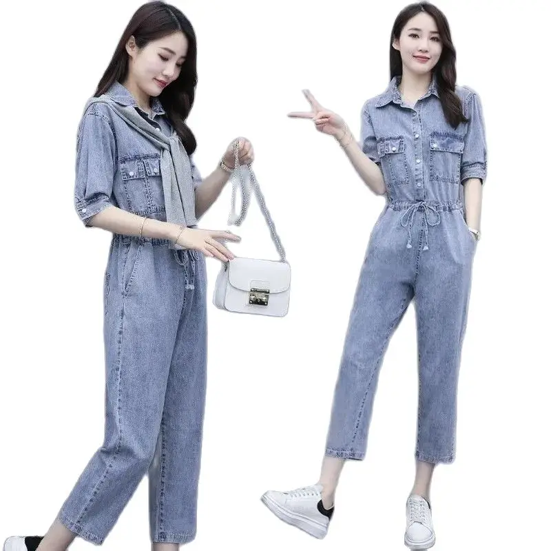 Women Sets Mid-Sleeve Denim Jumpsuit Buttons Women Summer 2024 New One Piece Suit Femme Lace Up Playsuit Female Pocket Pants Set