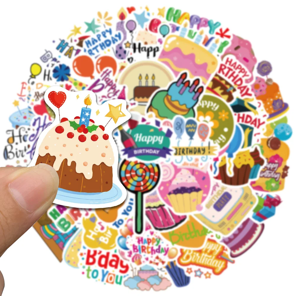 50pcs Cute Cartoon Happy Birthday Stickers For Laptop Luggage Phone Cup Waterproof Graffiti Skateboard Car Decals Kids Toy