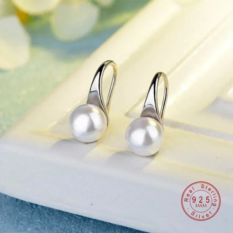 ALITREE 925 Silver Needle Big Clear Freshwater Pearl Earrings Round Sterling Pearl Earrings Jewelry Classic Earrings for Women