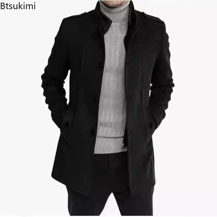 New 2025 Men's Grey Woolen Overcoat Medium and Long Zipper Jacket Fake Autumn Winter Two-piece Set Cardigan for Men M-2XL Size