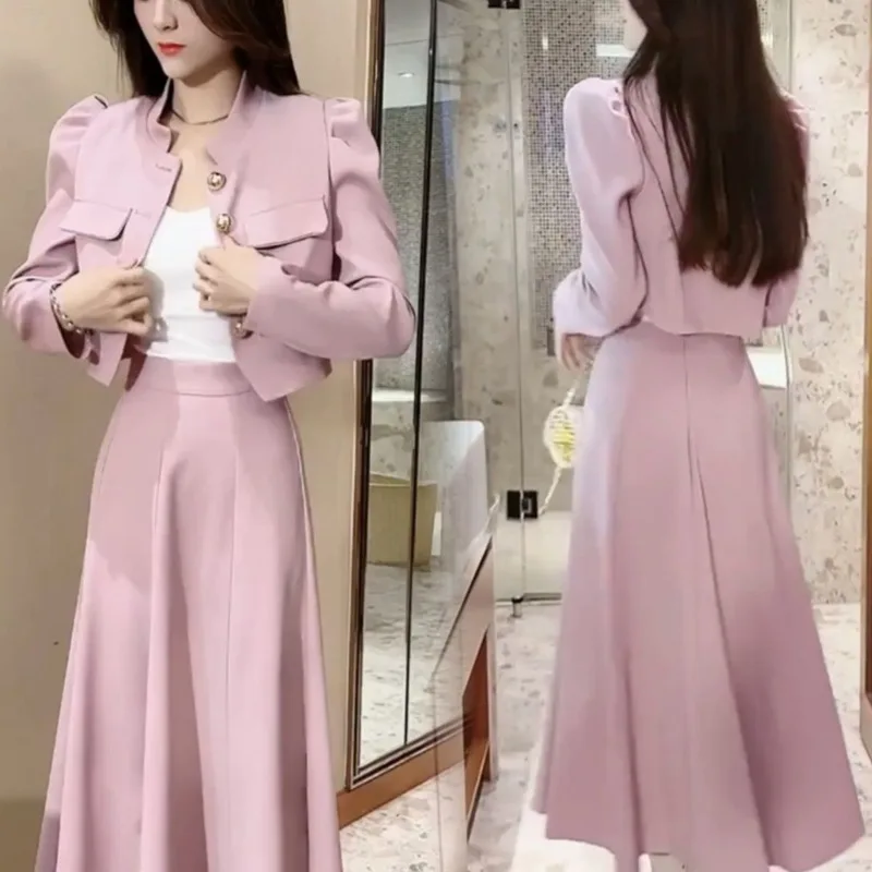 

New Korean Fashion High End Autumn Women's Suit Puff Long Sleeve Short Jacket + Elegant A-line Skirt Solid Color Two Piece Set