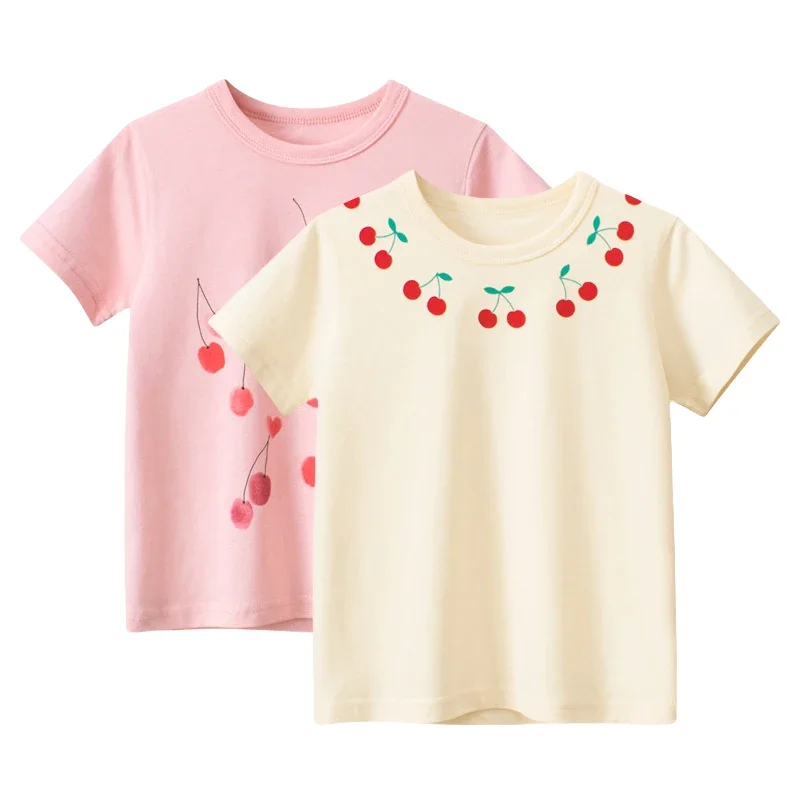 

2025 New Summer Fashion Children's Clothing Girls Cherry Fruit Print Short-sleeved T-shirt Cotton Kids Top