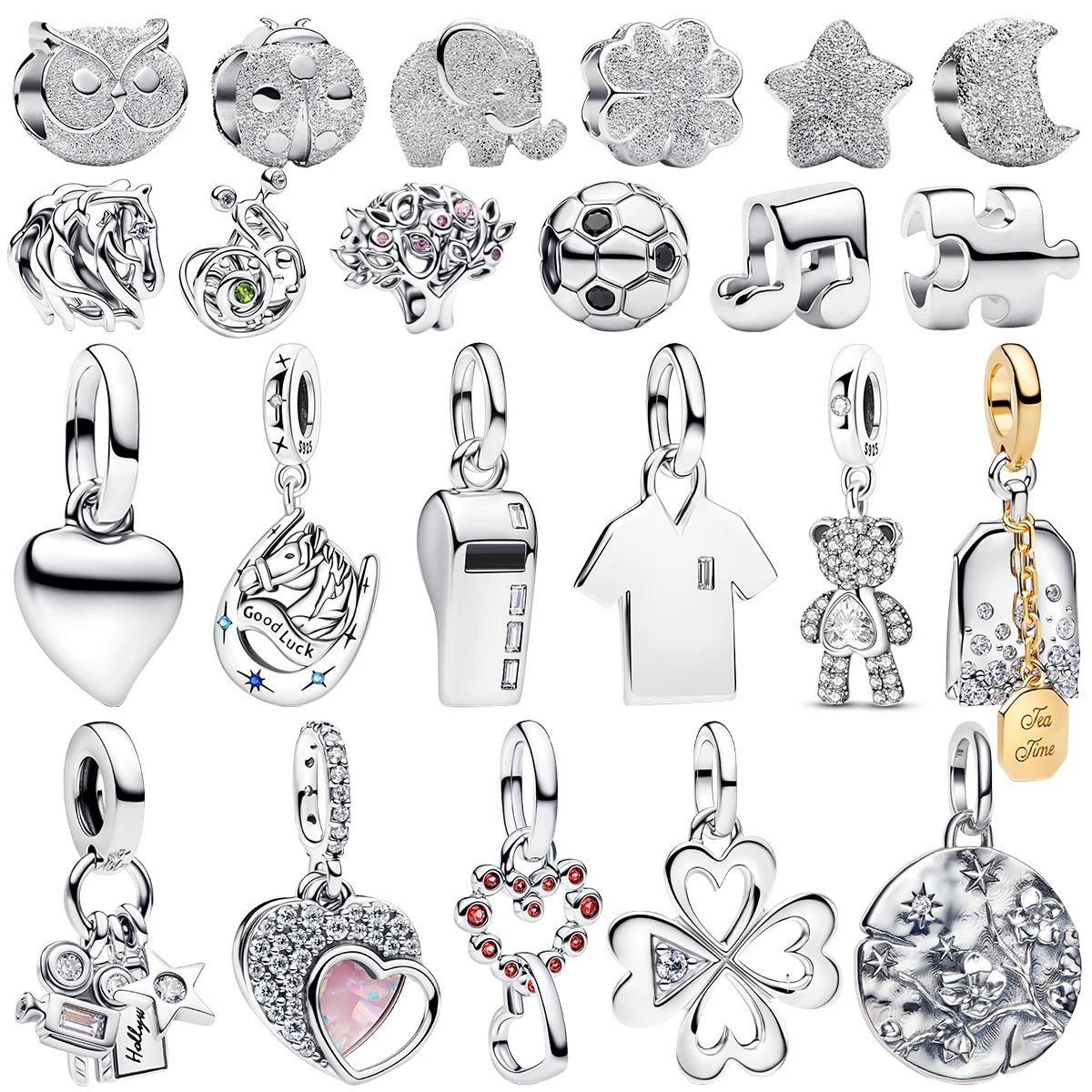 S925 Silver Charms Owl Elephant Clover Star Moon Horse Soccer Music Note Puzzle Bear Heart Camera Beads Fit Bracelet DIY Jewelry