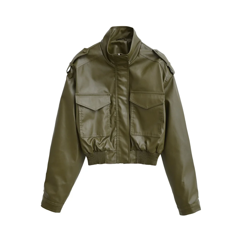 Outono novo estilo casual feminino moda PU imitação de couro gola manga comprida jaqueta de couro slim fit jaqueta curta