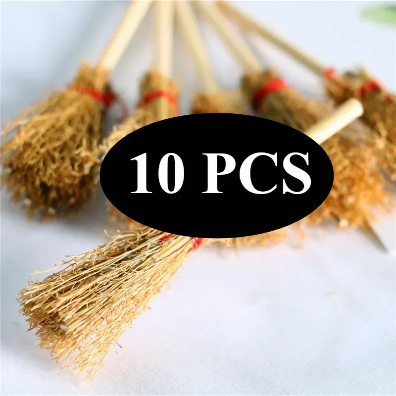 Mini escoba de paja para colgar brujas, accesorios en miniatura, escobas artesanales, juguetes pequeños para fiesta de Halloween