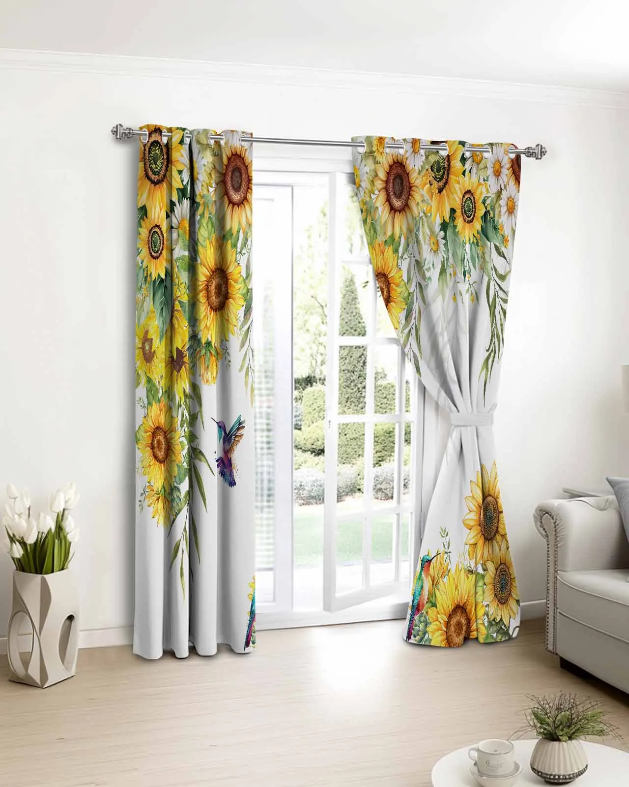 

Summer Sunflower Flower Bird Watercolor Plant Window Curtain Bedroom Decor Curtain Panel Curtains for Living Room